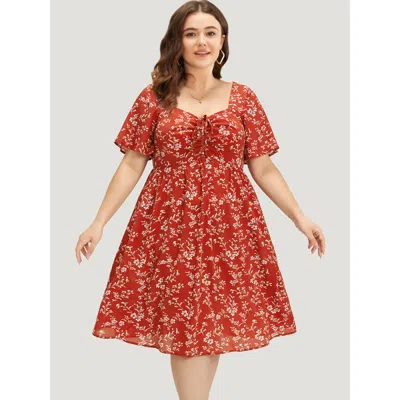 Bloomchic Floral Print Square Neck Ruched Ruffles Drawstring Dress In Red