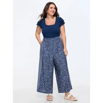 Bloomchic Floral Print Square Neck Wide Leg Jumpsuit In Blue