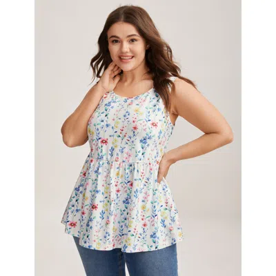Bloomchic Floral Print Stretchy Colorful Babydoll Top In Whitesmoke