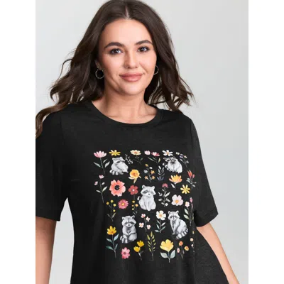 Bloomchic Floral Print Stretchy Round Neck T-shirt In Black