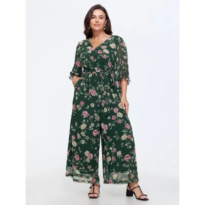 Bloomchic Floral Print Stretchy Waist Drawstring Jumpsuit In Darkgreen