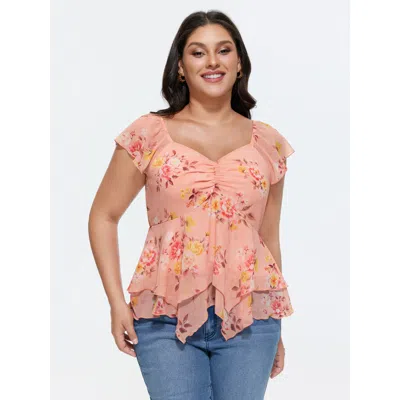 Bloomchic Floral Print Sweetheart Neckline Layered Blouse In Pink
