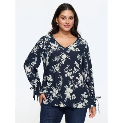 Bloomchic Floral Print Tie Cuff Detail Blouse In Blue
