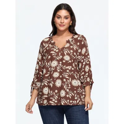 Bloomchic Floral Print Tie Cuffs Blouse In Potter's Clay