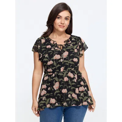 Bloomchic Floral Print Tie Neck Flutter Sleeve Peplum Blouse In Multi