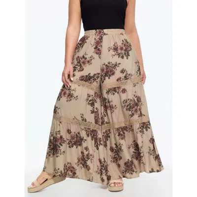 Bloomchic Floral Print Tiered Lace Trim Pants In Gold