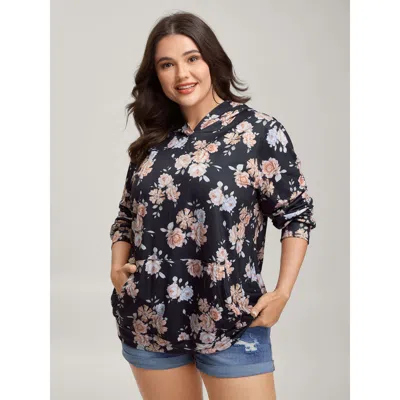 Bloomchic Floral Print Ties Hooded Sweatshirt In Blue