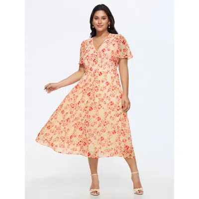 Bloomchic Floral Print Triangular Waist Shirred Midi Dress In Orange