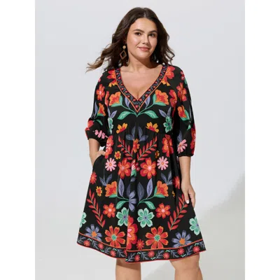 Bloomchic Floral Print V Neck Pocket Mini Dress In Multi