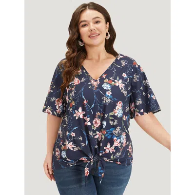 Bloomchic Floral Print V Neck Ruffle Sleeve Twist Hem Blouse In Blue