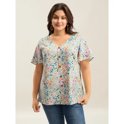 Bloomchic Floral Print V-neck Flowy Blouse In Blue