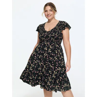 Bloomchic Floral Print V-neck Ruffled Sleeve Mini Dress In Black