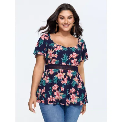 Bloomchic Floral Print Waist Patchwork Blouse In Blue