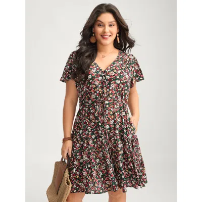 Bloomchic Floral Print Waist-tie Midi Dress In Black