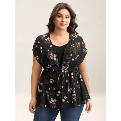 Bloomchic Floral Print Waist-tie Mini Kimono In Black