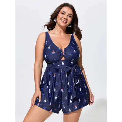 Bloomchic Floral Print Waist-tie Pockets Swim Romper In Multi