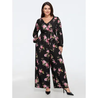 Bloomchic Floral Print Wrap Neck Wide Leg Jumpsuit In Black