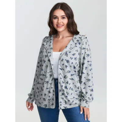 Bloomchic Floral Print Zipper Hoodie In Gray