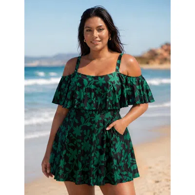 Bloomchic Floral Ruffle Trim Off Shoulder Pockets Swim Dress In Green