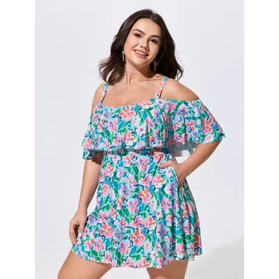 Bloomchic Floral Ruffle Trim Off Shoulder Pockets Swim Dress In Green