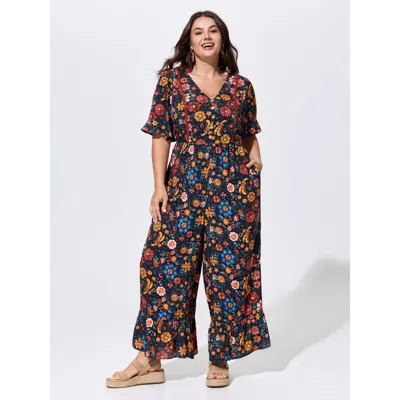 Bloomchic Floral Ruffle V Neck Wide Leg Jumpsuit In Blackflower