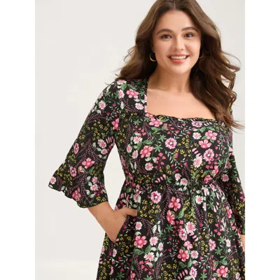 Bloomchic Floral Ruffled Square Neck Midi Dress In Black