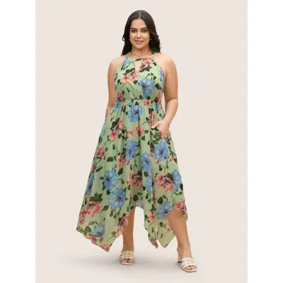 Bloomchic Floral Shirred Asymmetrical Hem Sleeveless Dress In Palemauve