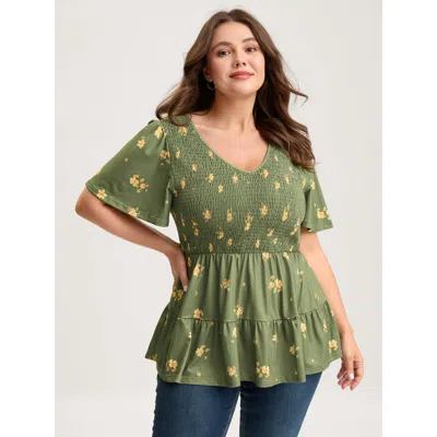 Bloomchic Floral Shirred Tiered Knit Top In Lawngreen
