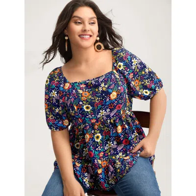 Bloomchic Floral Square Neck Fit And Flare Blouse In Blue