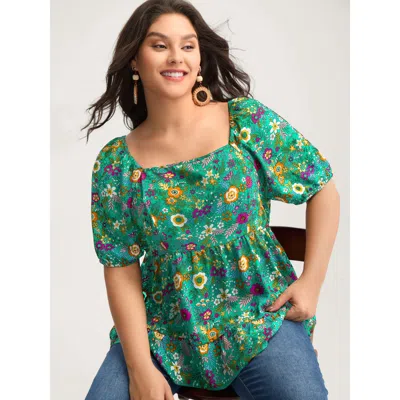 Bloomchic Floral Square Neck Fit And Flare Blouse In Blue