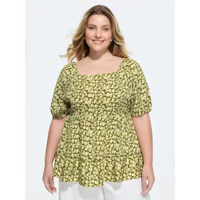 Bloomchic Floral Square Neck Fit And Flare Blouse In Green