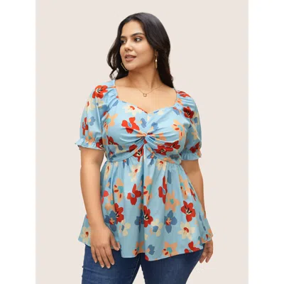 Bloomchic Floral Square Neck Twist Front Elastic Waist Blouse In Blue