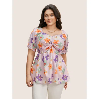 Bloomchic Floral Square Neck Twist Front Elastic Waist Blouse In Purple
