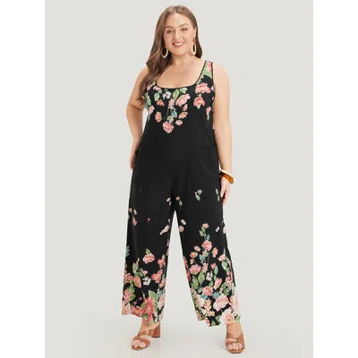 Bloomchic Floral Square Neck Zip Back Pocket Jumpsuit In Black