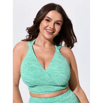 Bloomchic Floral Textured Halter Neckline Swim Top In Green