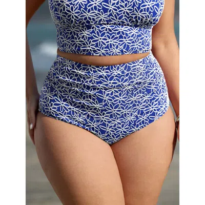 Bloomchic Floral Textured Tummy-control Bikini Bottoms In Blue