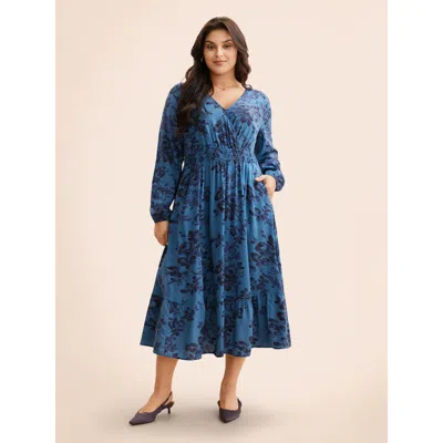Bloomchic Floral Wrap Lantern Sleeve Pocket Shirred Ruffle Hem Dress In Multi