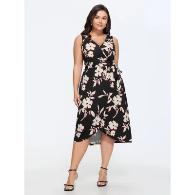 Bloomchic Floral Wrap Side Tie Asymmetrical Midi Dress In Blackflower
