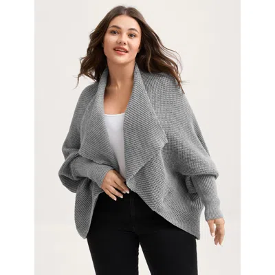 Bloomchic Folded Collar Textured Open-front Knit Cardigan In Gray