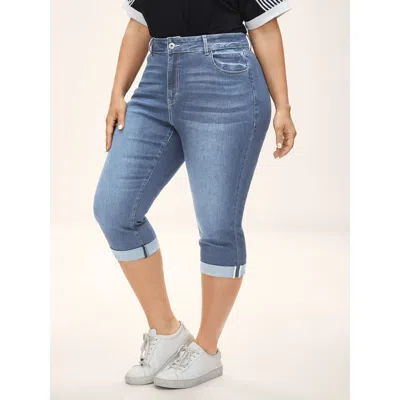 Bloomchic Folded Hem High-rise Skinny-fit Capri Jeans In Blue