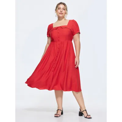 Bloomchic Folded Neckline Shirred Back Flowy Midi Dress In Red