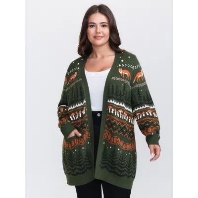 Bloomchic Fox In Forest Contrast Knit Cardigan In Green