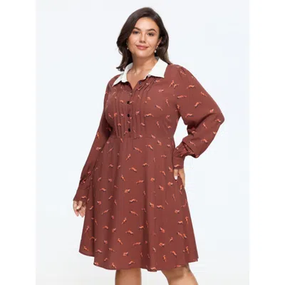 Bloomchic Fox Pattern Contrast Collar Pleated Mini Dress In Browncoffeecolor