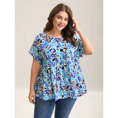 Bloomchic Fruit Print Curved Hem Batwing Sleeve Blouse In Blue