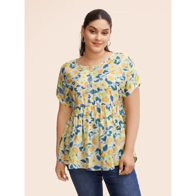 Bloomchic Fruit Print Curved Hem Batwing Sleeve Blouse In Yellow