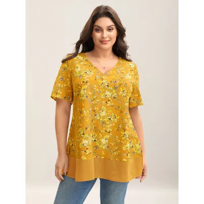 Bloomchic Garden Print Spliced V-neck Blouse In Yellow