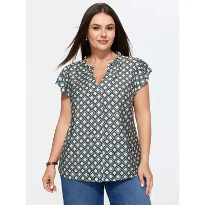 Bloomchic Geo Print Notched Collar Blouse In Blue