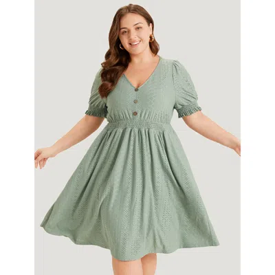 Bloomchic Geometric Eyelet Pocket Button Detail Shirred Dress In Green