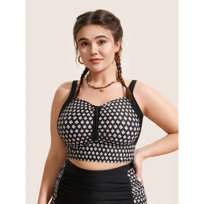 Bloomchic Geometric Heart Neckline Ruched Swim Top In Black