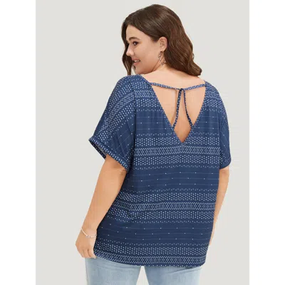 Bloomchic Geometric Print Backless Roll Dolman Sleeve T-shirt In Blue